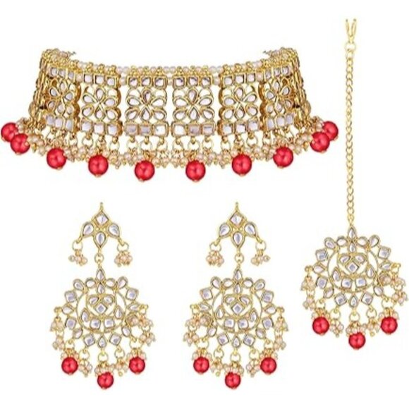 Aheli Kundan Studded Choker Necklace Earrings and Maang Tikka Set - Picture 1 of 7